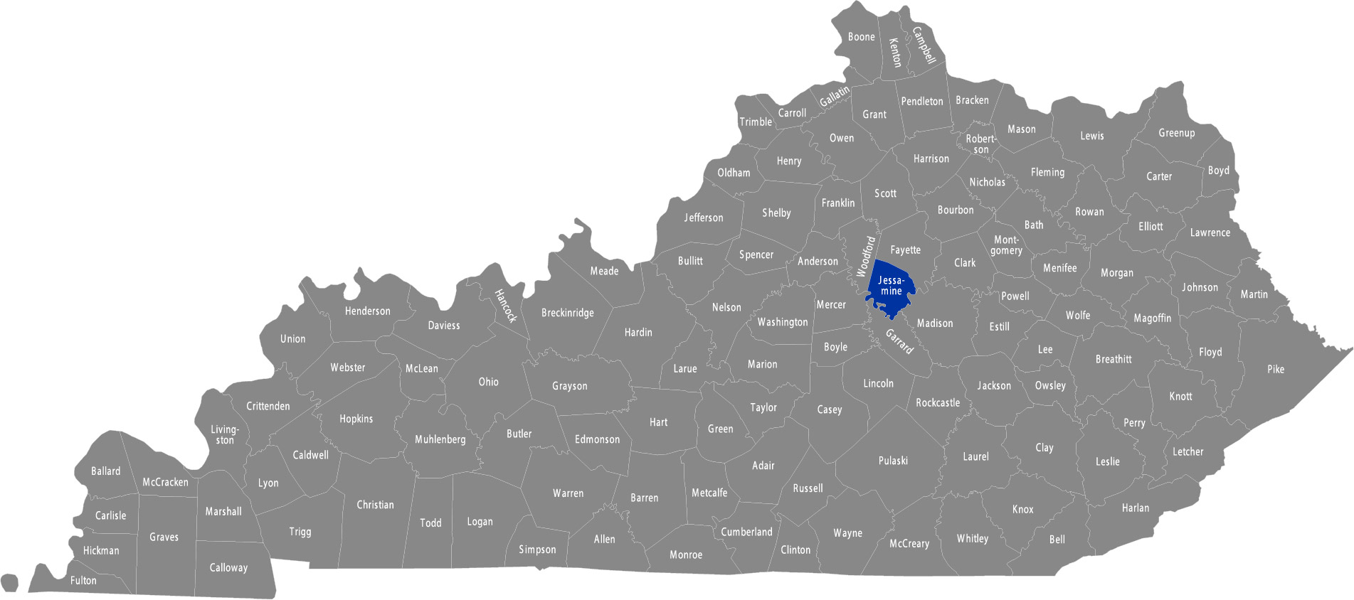 State of Kentucky map with Jessamine County highlighted